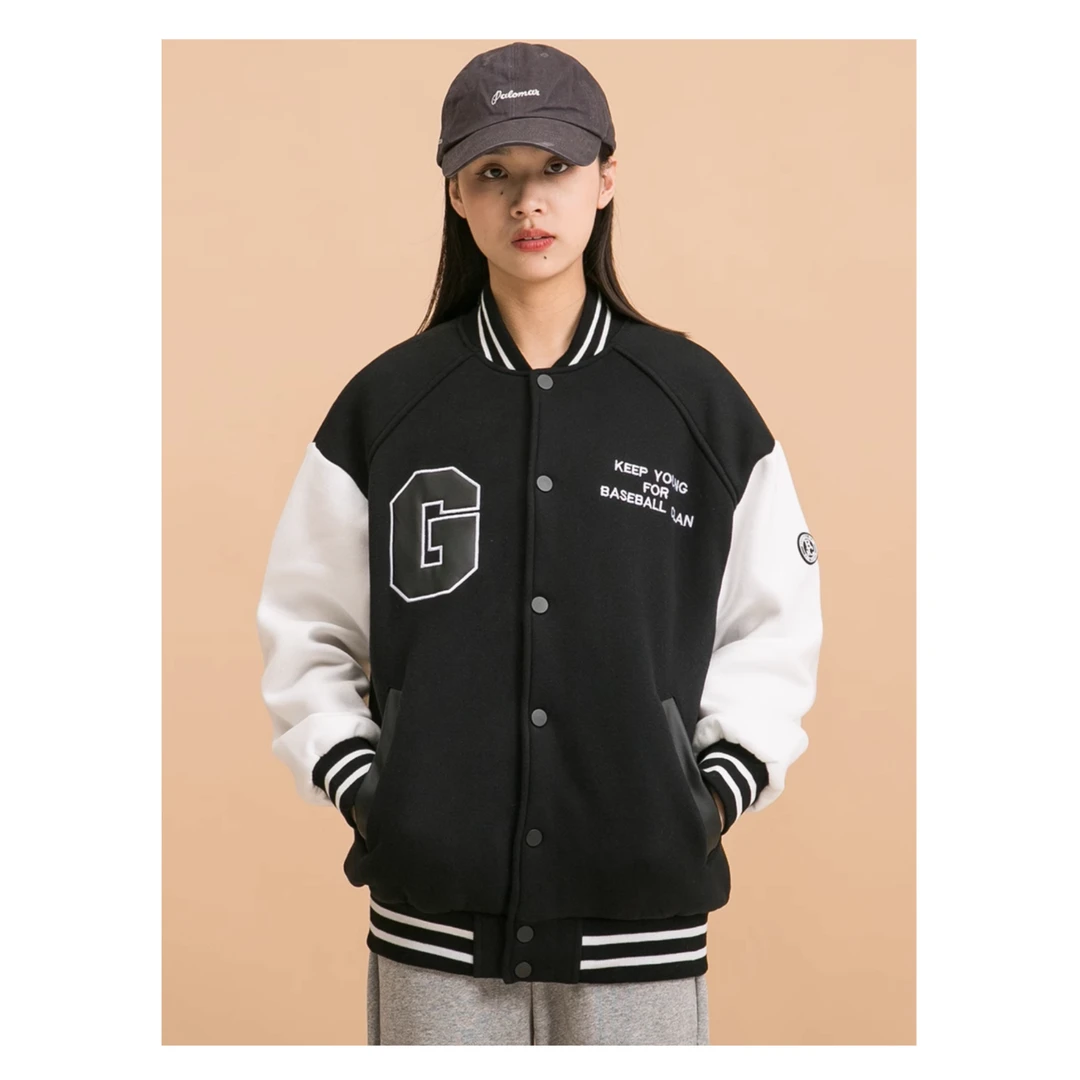 欧美宽松外套50CENT拼接复古宽松hiphop情侣款棒球服百搭秋冬撞色