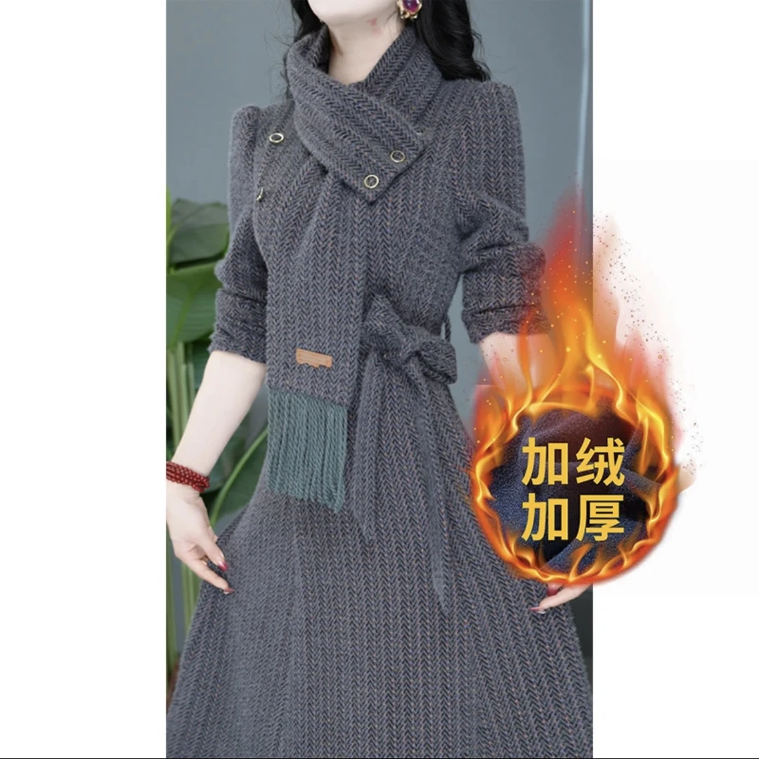 【送围巾+腰带】连衣裙收腰气质加厚中长款时尚洋气长袖显瘦复古