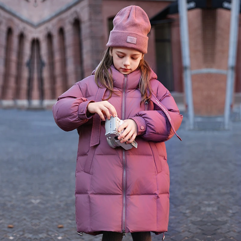 儿童羽绒服中长款加厚连帽韩版时尚秋冬飘带款中大童外套上衣冬装
