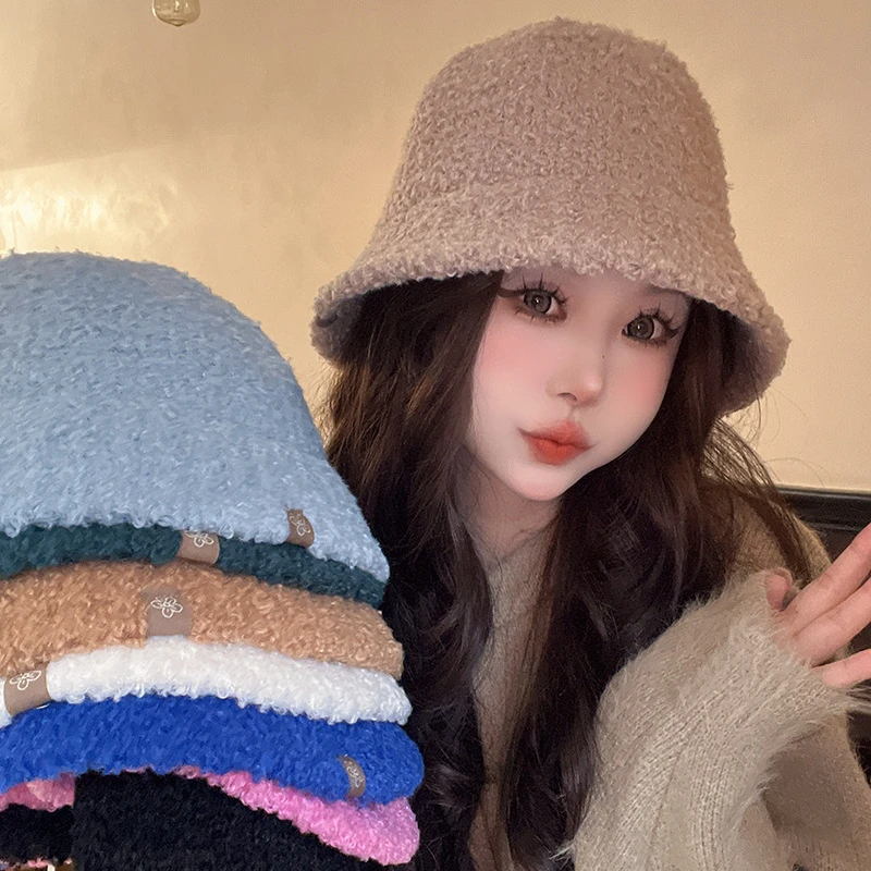 冬天渔夫帽女羊羔毛绒水桶毛保暖百搭素颜显脸小网红盆帽骑行帽子