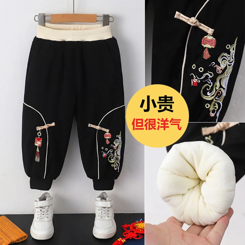 宝宝拜年服唐装加绒裤子儿童周岁礼服男童冬装过年装加厚保暖裤潮