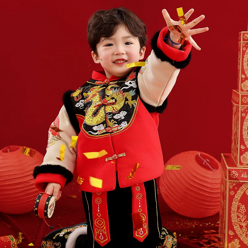 男童唐装冬装中国风宝宝加厚套装2儿童汉服3拜年新年衣服周岁礼服
