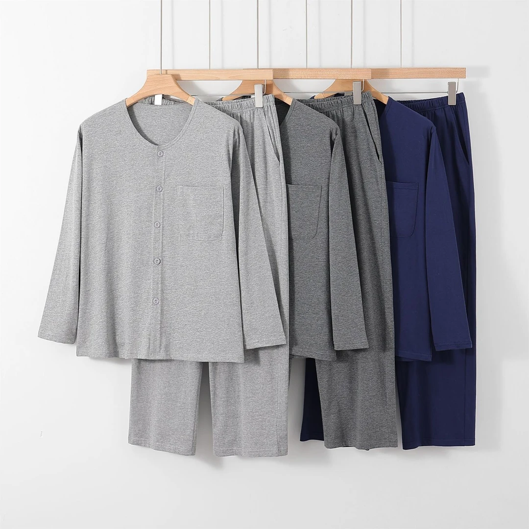 中老年男士纯棉大码薄款宽松开衫长袖家居服爸爸睡衣睡裤套装