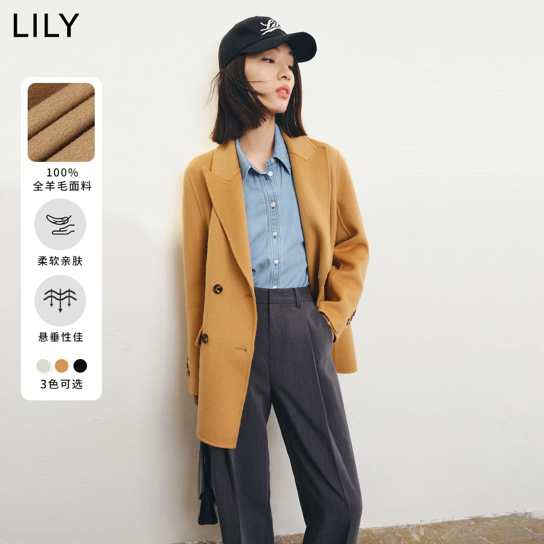 LILY春装女舒适全绵羊毛排扣经典毛呢外套122409FN936
