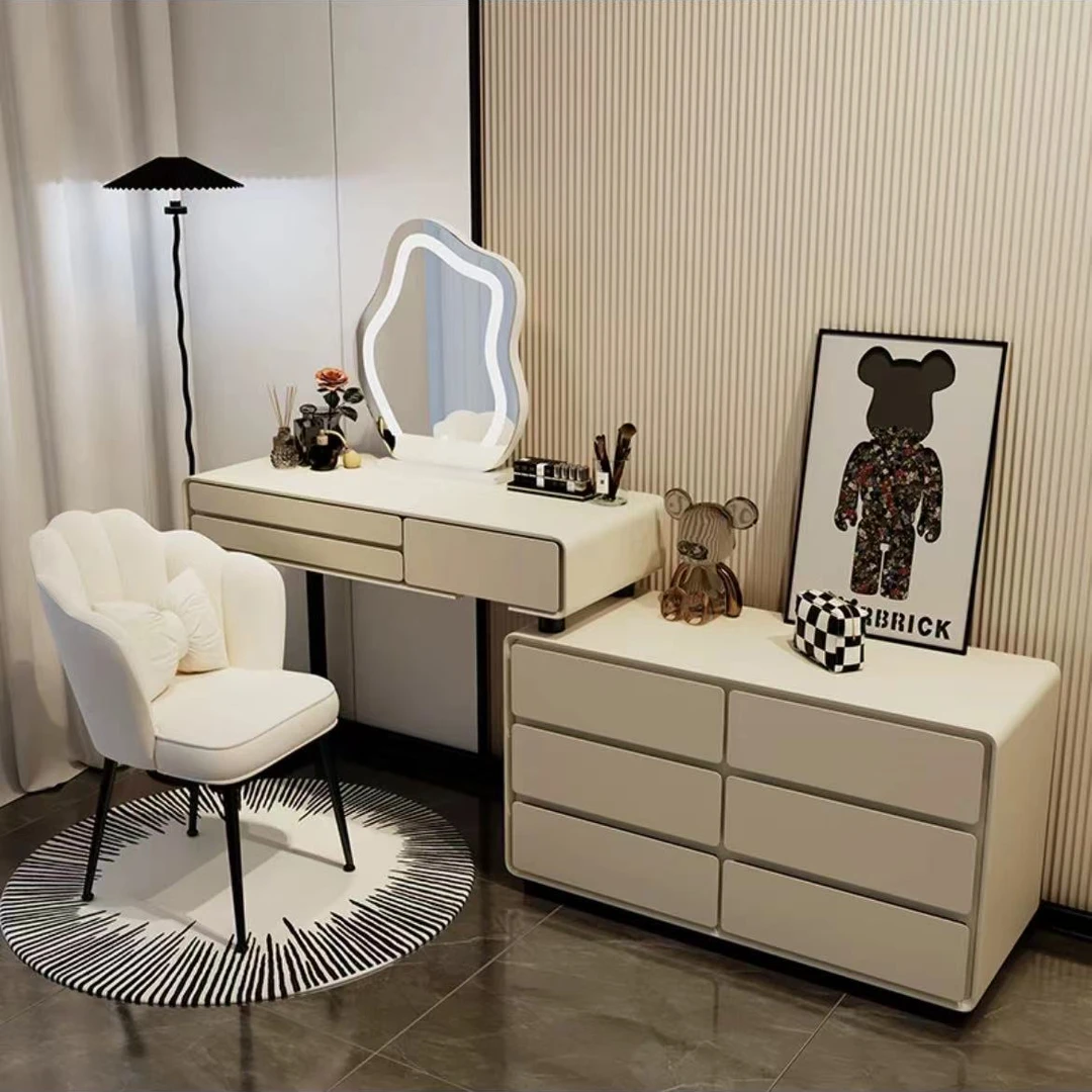 全实木岩板奶油风梳妆台现代简约卧室化妆桌台收纳柜转角柜化妆台