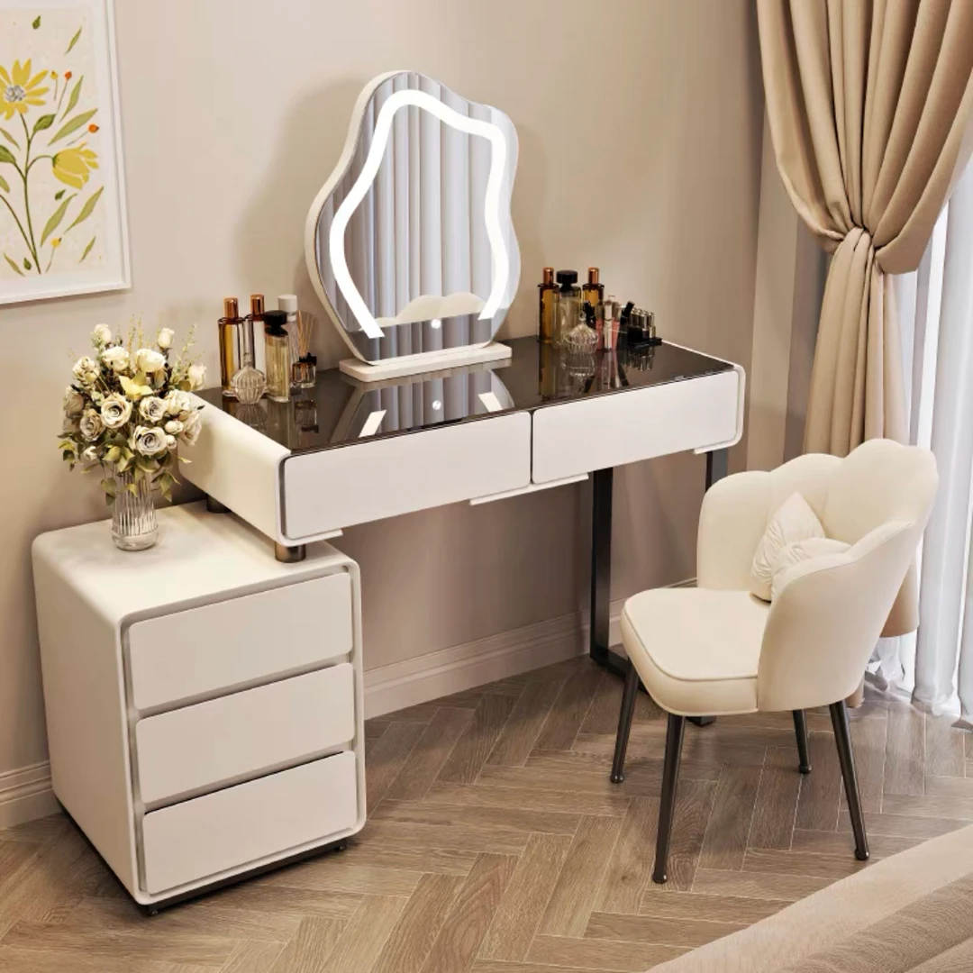 奶油风岩板梳妆台卧室现代简约2024新款轻奢大户型化妆桌斗柜一体
