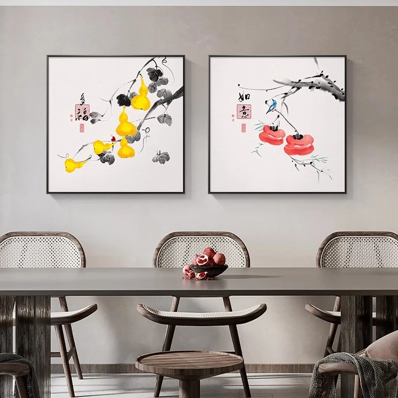 五福临门餐厅装饰画新中式柿子饭厅挂画正方形如意客厅背景墙壁画