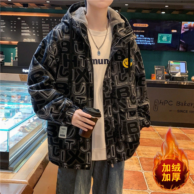 加绒加厚过冬青少年男生牛仔派克服潮牌时尚穿搭连帽保暖初3306