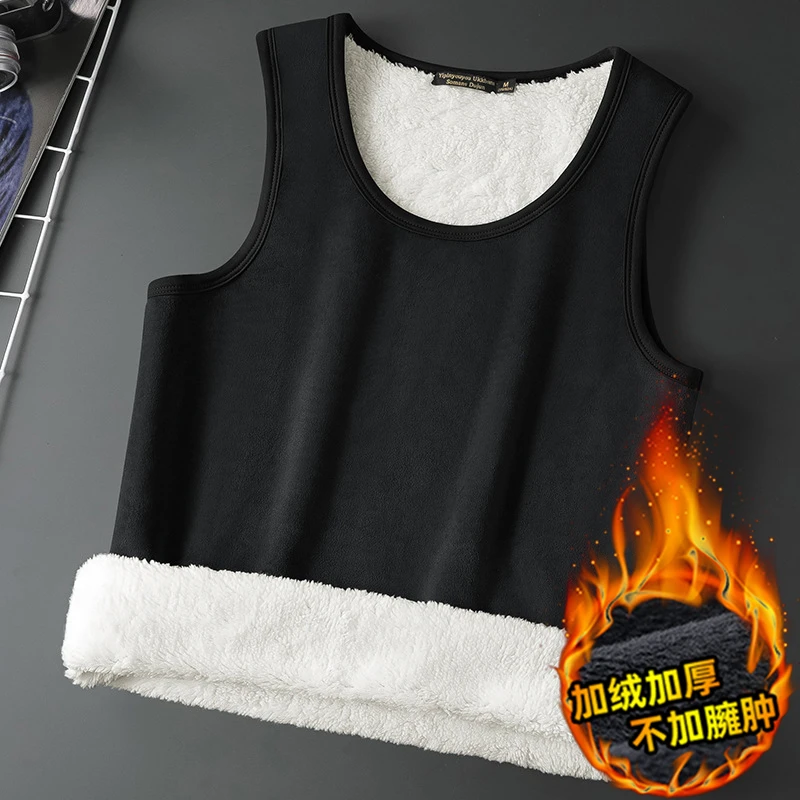 羊羔绒加绒加厚保暖背心男2024秋冬新款坎肩无袖T恤内穿打底马甲
