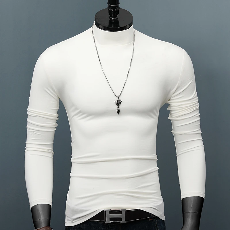 男士秋冬保暖T恤莫代尔打底衫男修身百搭长袖修身紧身休闲纯色款