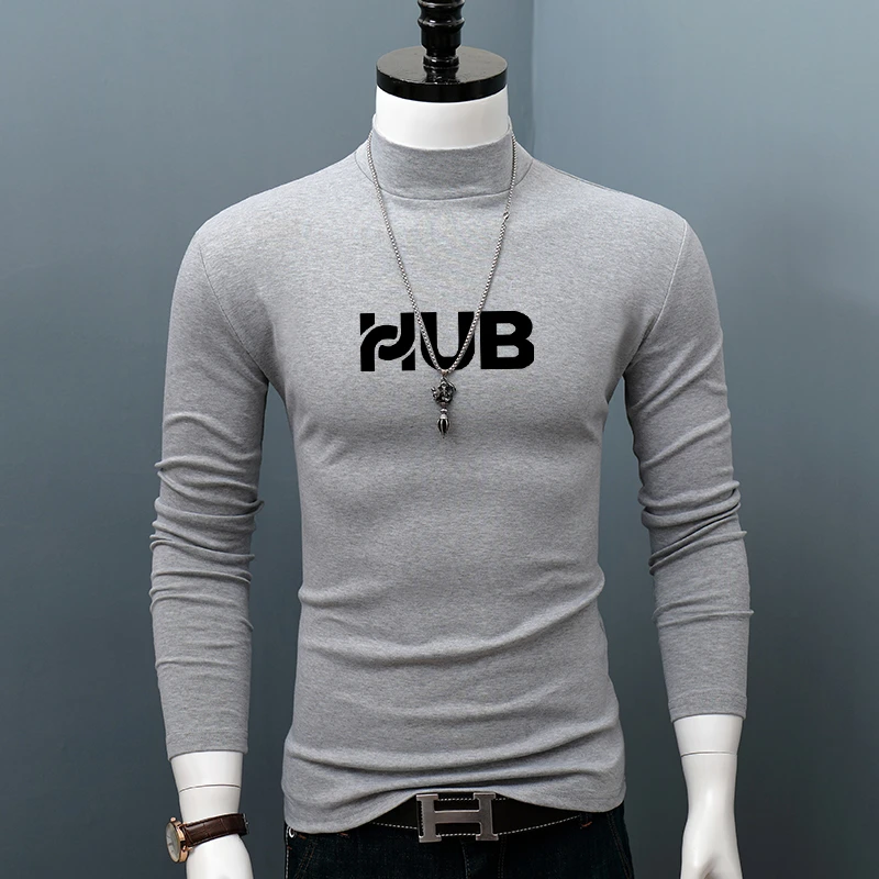 百搭长袖中年男士印花内穿打底衫秋冬半高领保暖秋衣纯色长体恤男
