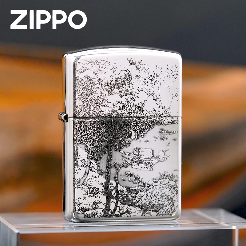 ZIPPO/之宝正品打火机/S925纯银雕刻秋江独钓图送礼经典 DY9918DK