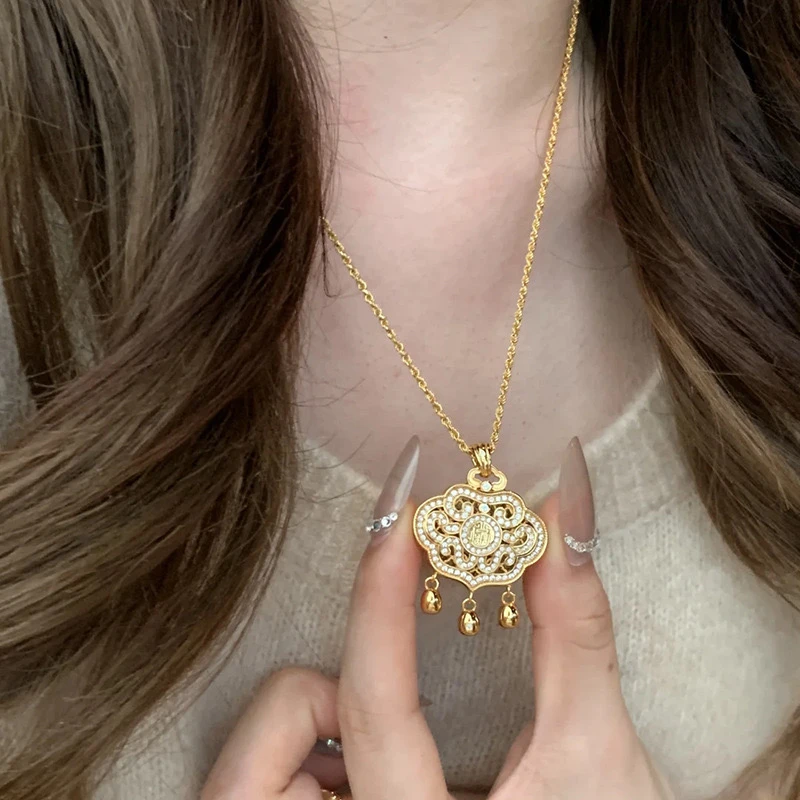 铜合金项链 古法如意锁包高级感秋冬百搭毛衣链双面新中式国风潮