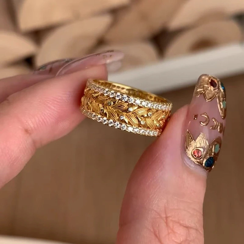 铜合金合成锆石戒指 中古风排戒转运珠穗穗平安锆石小众高级轻奢