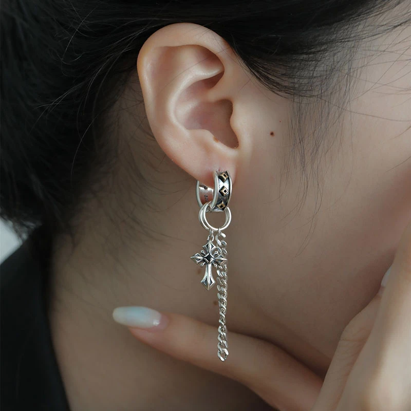 铜合金耳饰 小众复古做旧设计潮流十字架链条流苏单只耳环女ins风