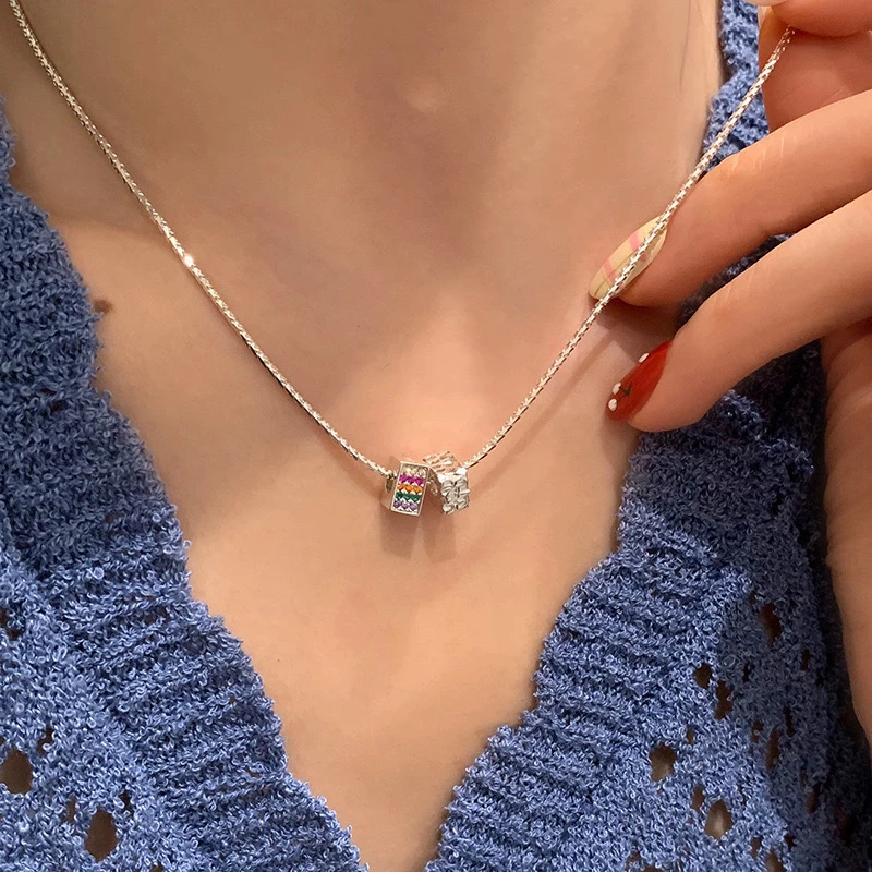 铜合金合成锆石项链 彩色方块简约轻奢气质百搭小众设计感精致ins