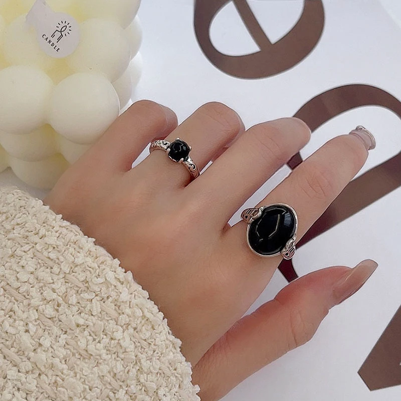 铜合金磁铁戒指 小众复古重工黑色珠珠时尚素圈做旧设计轻奢个性