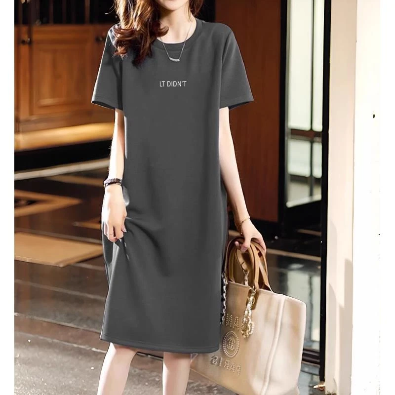 中长款过膝纯棉灰色短袖连衣裙女夏2024新款大码宽松休闲t恤裙子