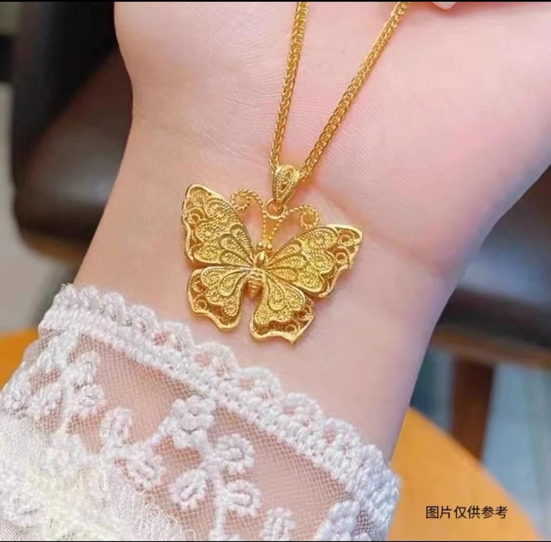 足金999花丝蝴蝶吊坠手工首饰复古古法金色时尚精致挂坠优雅精美