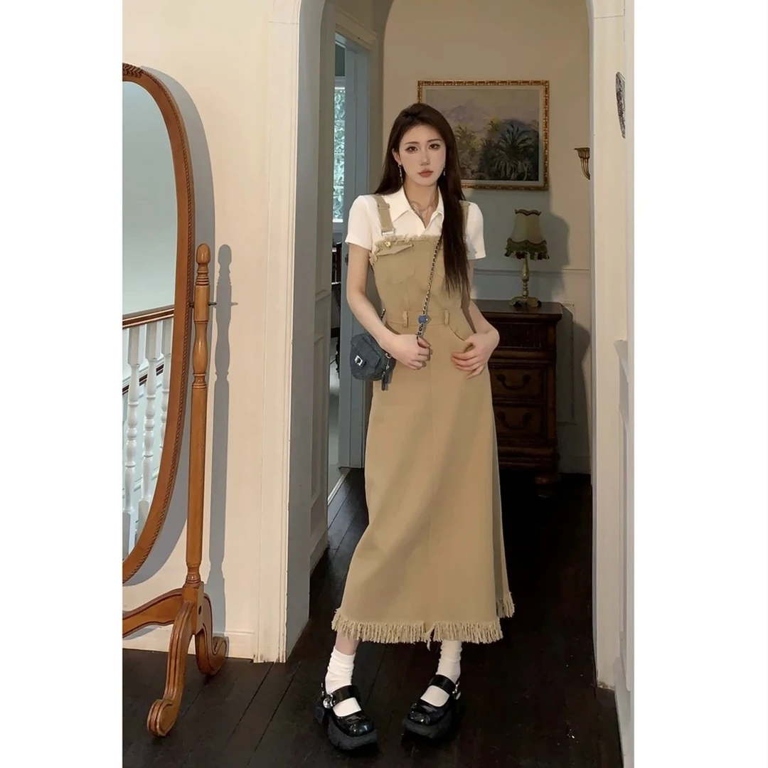 英伦风背带连衣裙春季新款高端气质+白色短袖T恤复古休闲时尚裙子