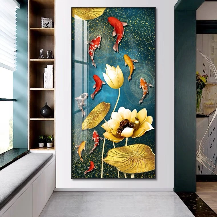 【灯光画】带灯玄关画《九鱼荷花》铝合金画框手工镶钻晶瓷画挂画