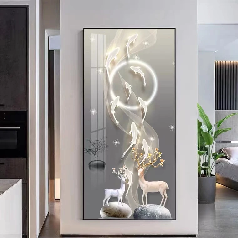 【灯光画】带灯玄关【九鱼麋鹿】轻奢艺术灯影效果镶钻晶瓷装饰画