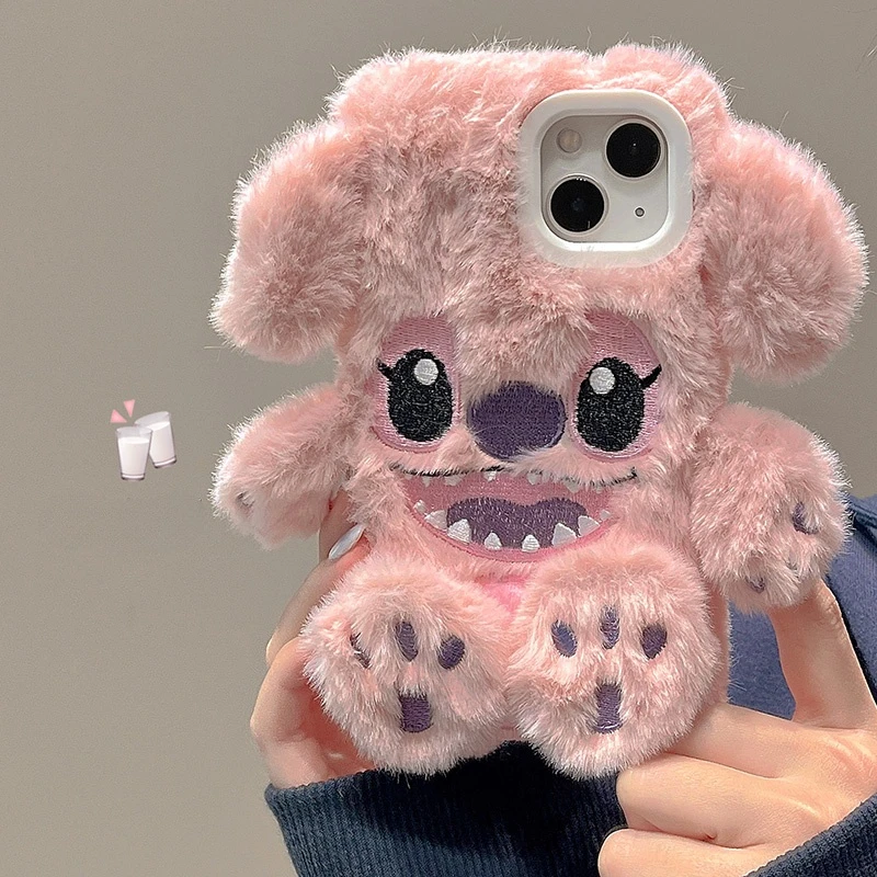 苹果可爱粉色史迪仔毛绒公仔秋冬14手机保护壳iphone15新款14prom