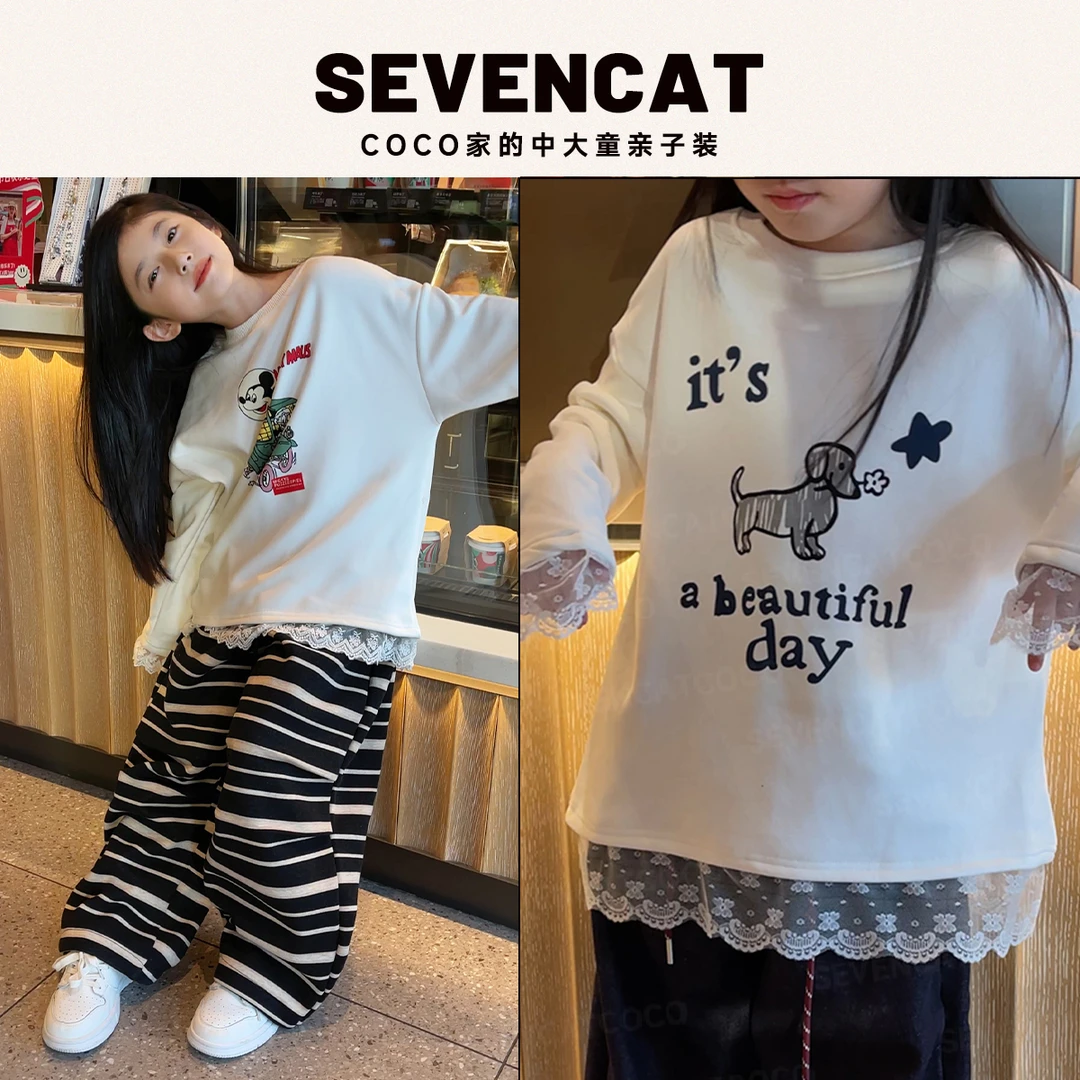在仓【可妈24冬款】蕾丝边卡通涂鸦加绒厚打底卫衣~女中大童亲子