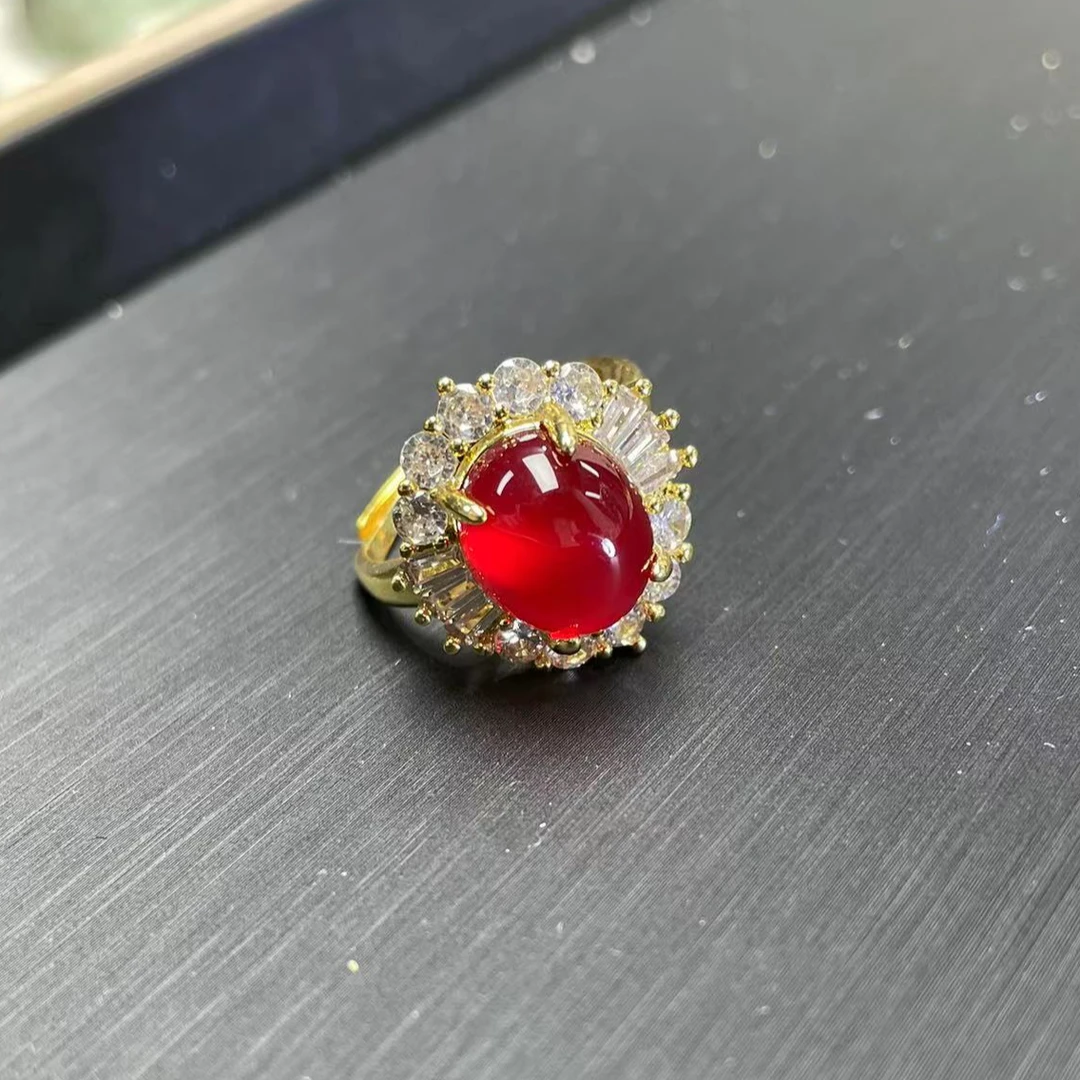 优选高玉化冰底红景天镶嵌红玛瑙鸽子蛋戒指多样性发其一