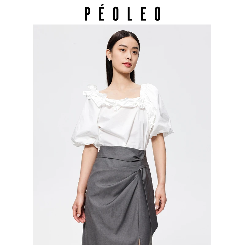 飘蕾2025白色时尚法式泡泡袖设计感荷叶边方领上衣DK4109604洋气