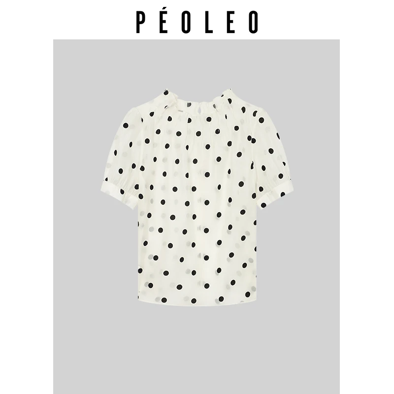 DK6109046休闲上衣衬衫复古波点宽松白色衬衣