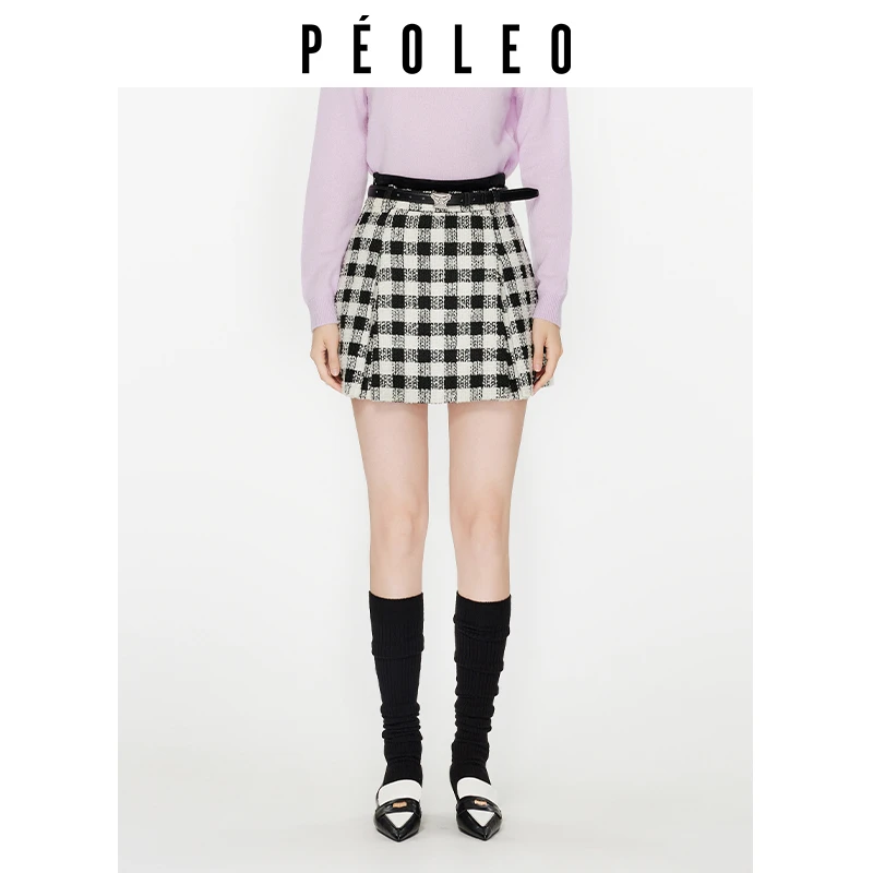 秋冬格子裙短裙A字毛呢裙百褶多巴胺黄色格子裙包臀裙子百搭半裙
