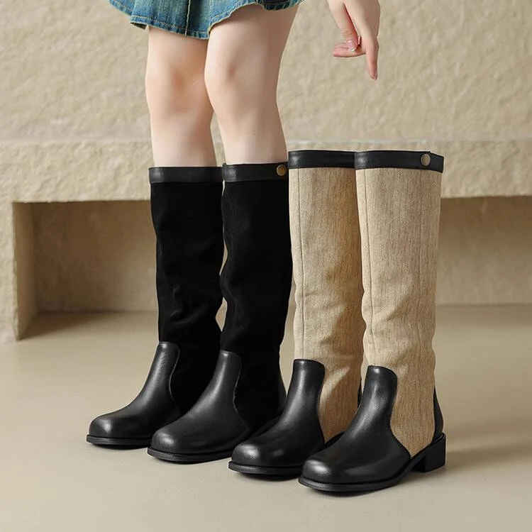 【蔻牌女鞋】4cm骑士真皮靴子冬季中长靴复古英伦长筒圆头中筒靴