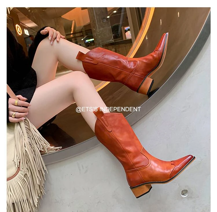 [蔻牌女鞋】5cm一脚蹬女鞋骑士靴欧美粗跟西部靴长筒真皮牛仔靴