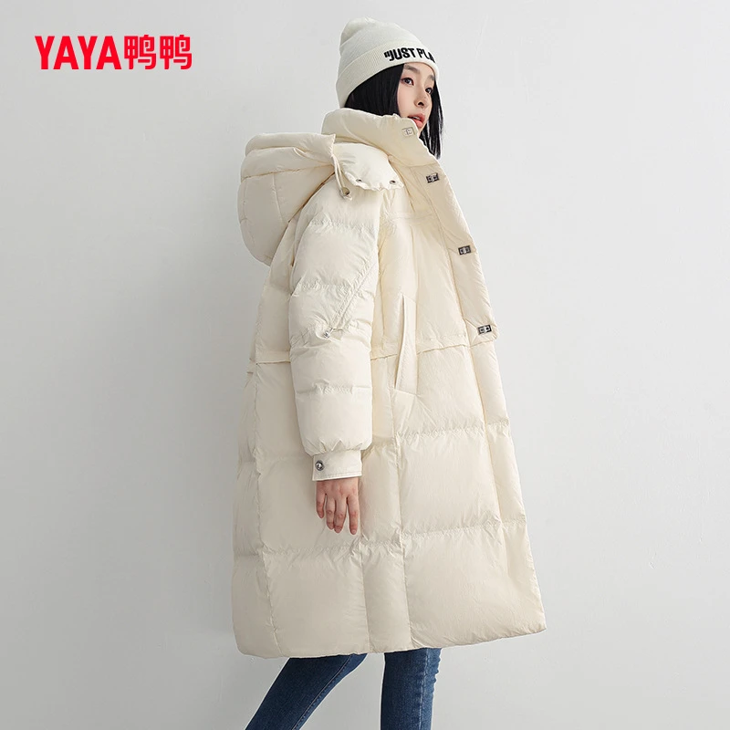YAYA/鸭鸭中长款羽绒服女装冬季新款连帽纯色百搭外套YE2B607451A