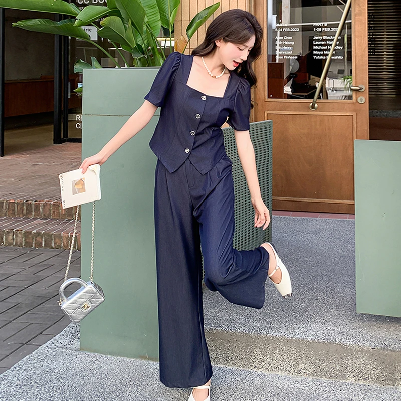 高端天丝牛仔阔腿裤套装女装夏装薄款2024新款夏季高级感两件套潮