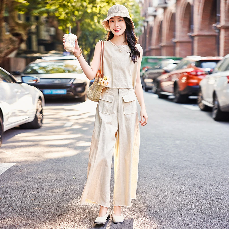 米色时尚套装女夏新款气质通勤穿搭日系棉麻背心上衣阔腿裤两件套