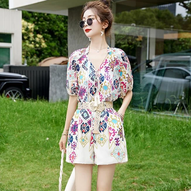复古印花短裤套装女夏装新款时尚漂亮短袖小个子冰丝新中式两件套