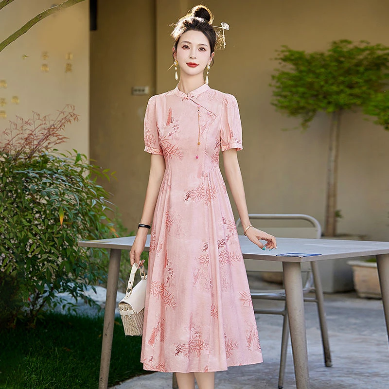 新中式国风立领盘扣印花改良旗袍裙女夏装新款收腰显瘦复古连衣裙