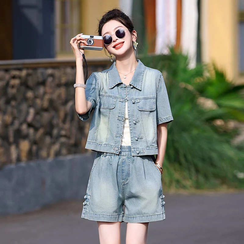 新中式复古盘扣牛仔上衣短裤阔腿裤两件套女2024夏装新款小个子