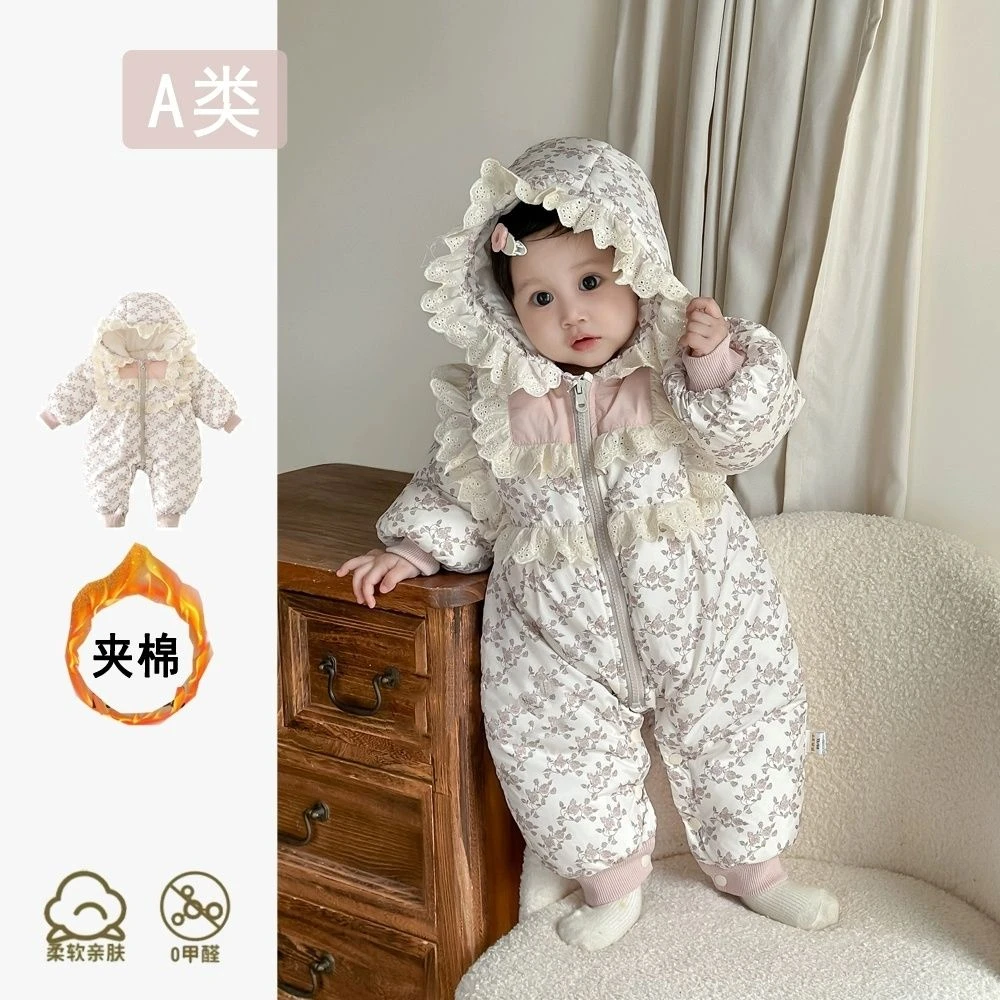 婴儿冬季衣服连体衣新款碎花宝宝公主加厚保暖棉袄外出外出服棉服