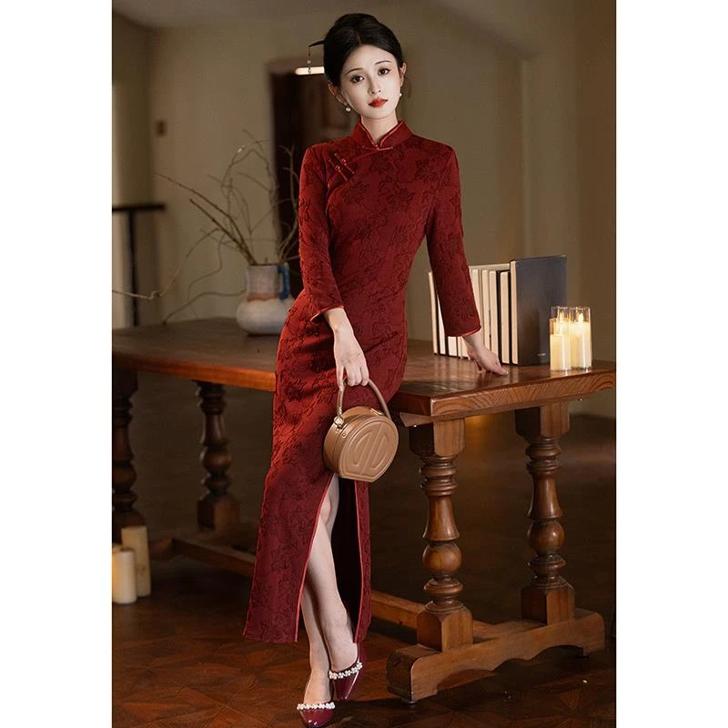 红色旗袍敬酒服新娘2024新款秋冬季长袖旗袍裙子女款爆款2025新款