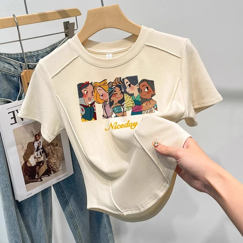 正肩大码短袖t恤女2024新款修身卡通减龄内搭甜辣不规则上衣夏装