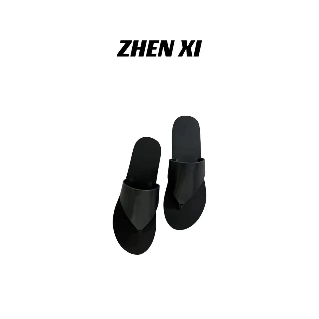 针西【度假人字拖】春季牛皮夹趾平底拖鞋高个子穿搭（×退×换）60021