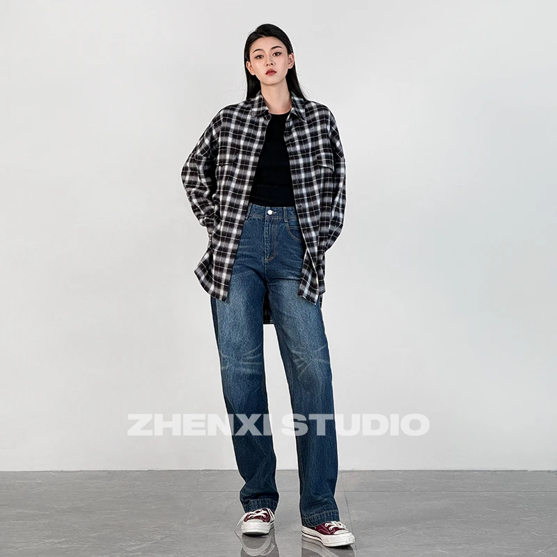 针西【格子衬衫】高个子穿搭加长加厚百搭格子衬衫W90099