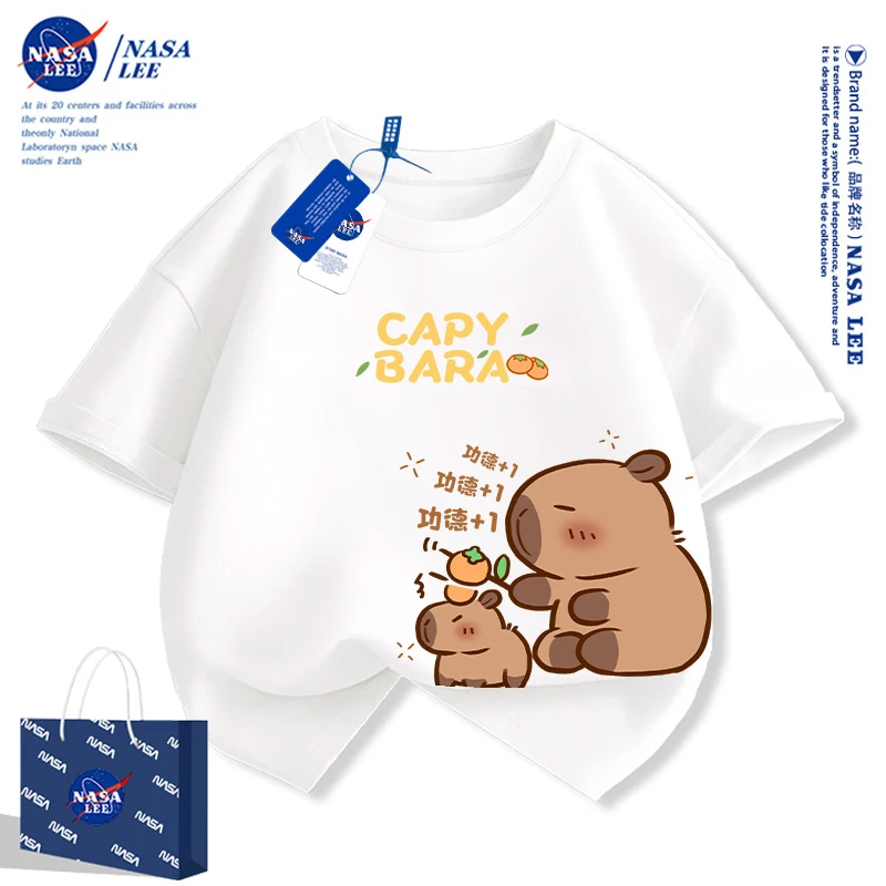 NASA卡皮巴拉女童短袖t恤薄款2024新款夏季卡通儿童纯棉半袖男童
