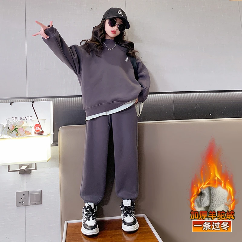 女童秋冬款加绒加厚卫衣运动冬季套装中大童初中生洋气儿童冬装潮