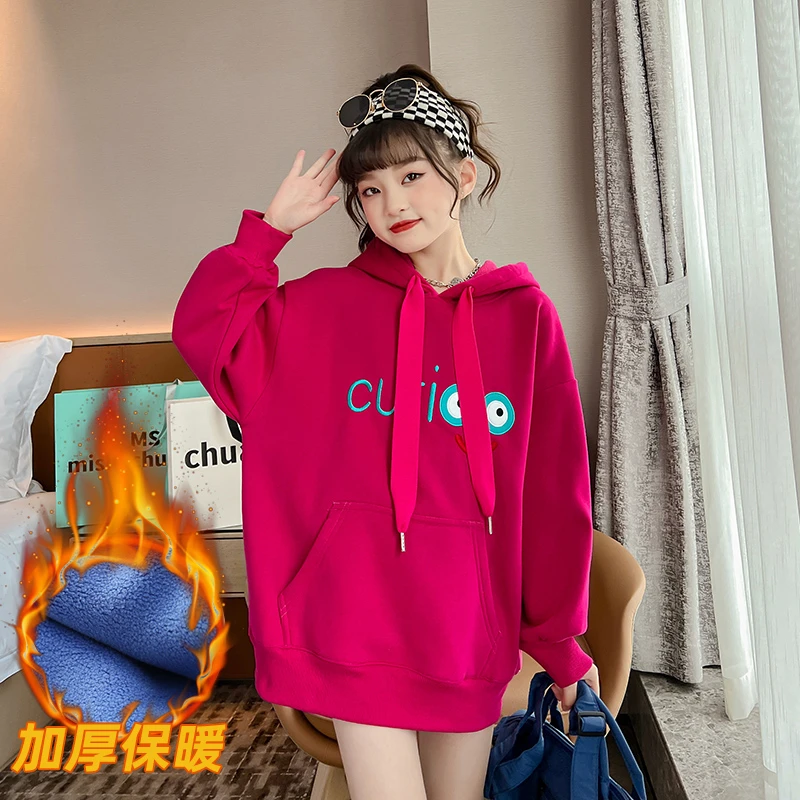 女童卫衣2023秋冬新款中大童洋气连帽加绒加厚韩版宽松套头上衣潮