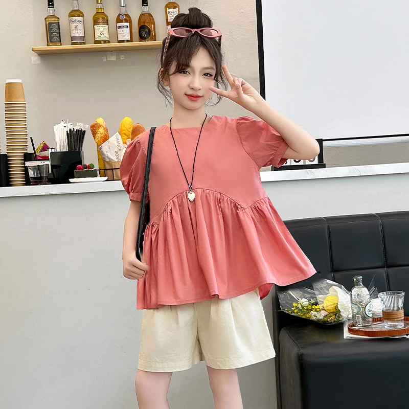 女童夏季2024新款韩版休闲泡泡袖上衣薄款短裤儿童套装甜美娃娃衫