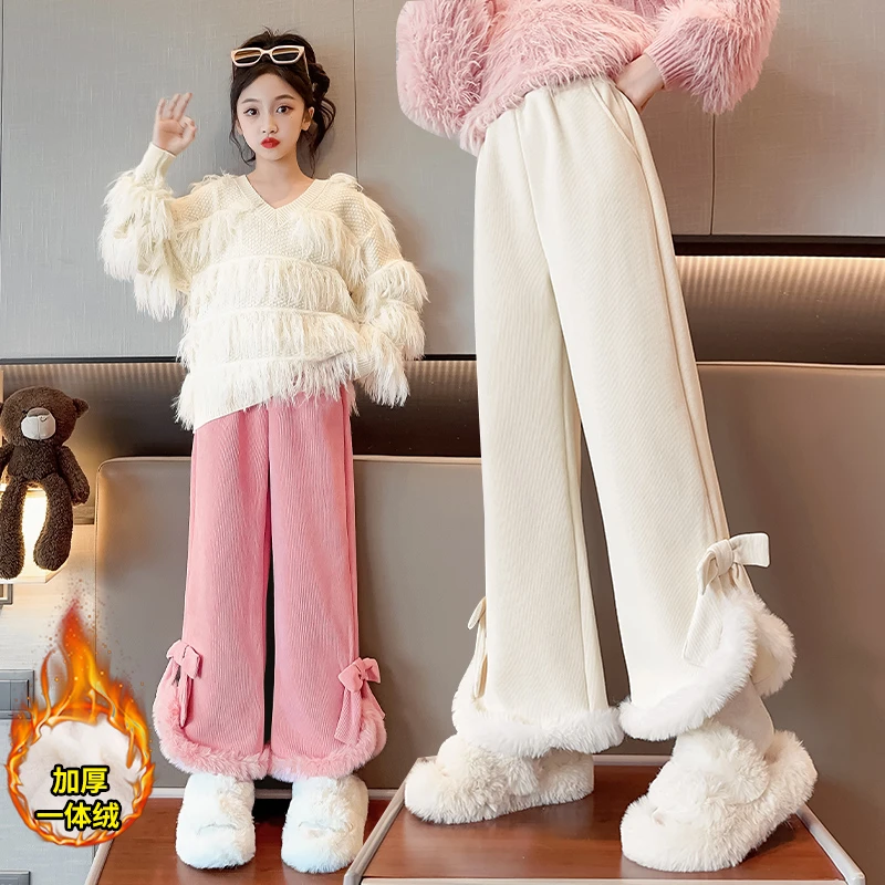 女童加绒裤子秋冬外穿新款中大童加厚保暖喇叭长裤冬季儿童休闲裤